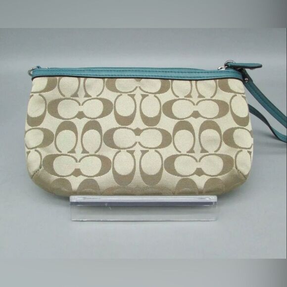 Coach Khaki Signature Sateen Canvas w/ Teal Leather Trim Wristlet Handbag Purse - Picture 5 of 6